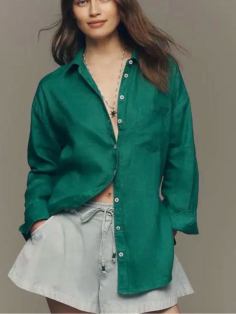 Anthropologie - Maeve Bennet Emerald Green Button-Down Linen Shirt